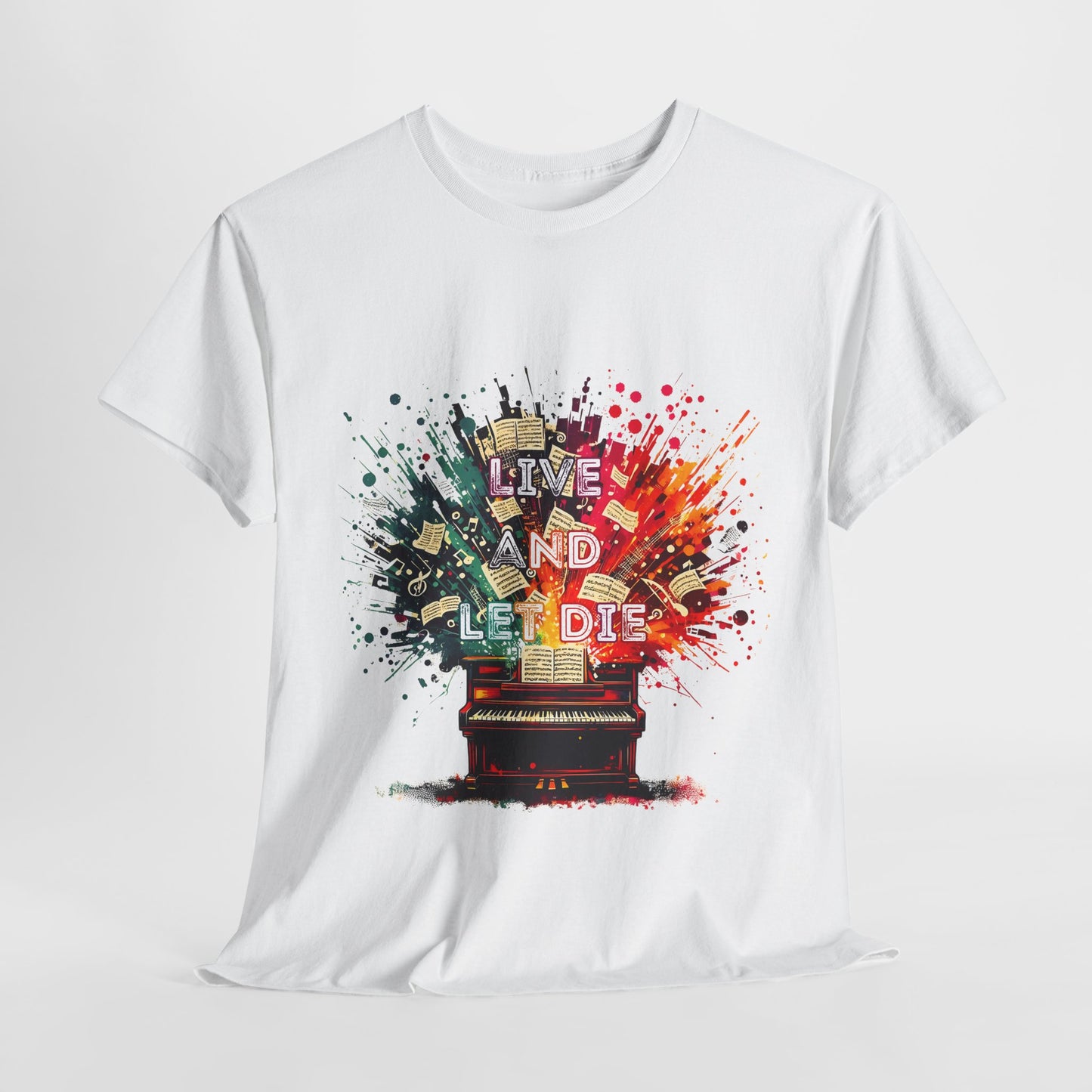 Front view of a white Live and Let Die t-shirt tribute to Paul McCartney and Wings. Vintage rock design perfect for concerts and casual wear.