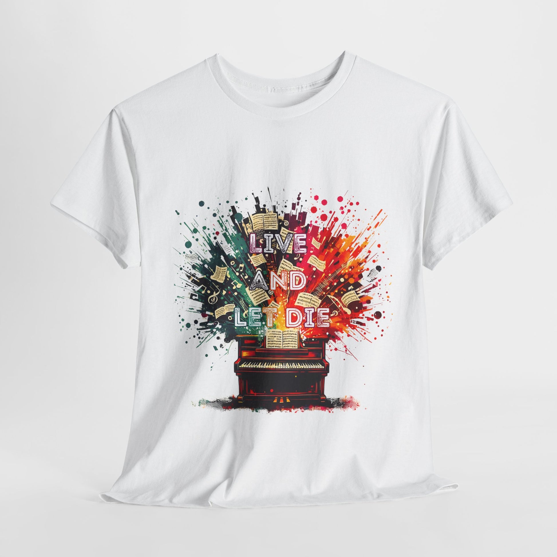 Front view of a white Live and Let Die t-shirt tribute to Paul McCartney and Wings. Vintage rock design perfect for concerts and casual wear.