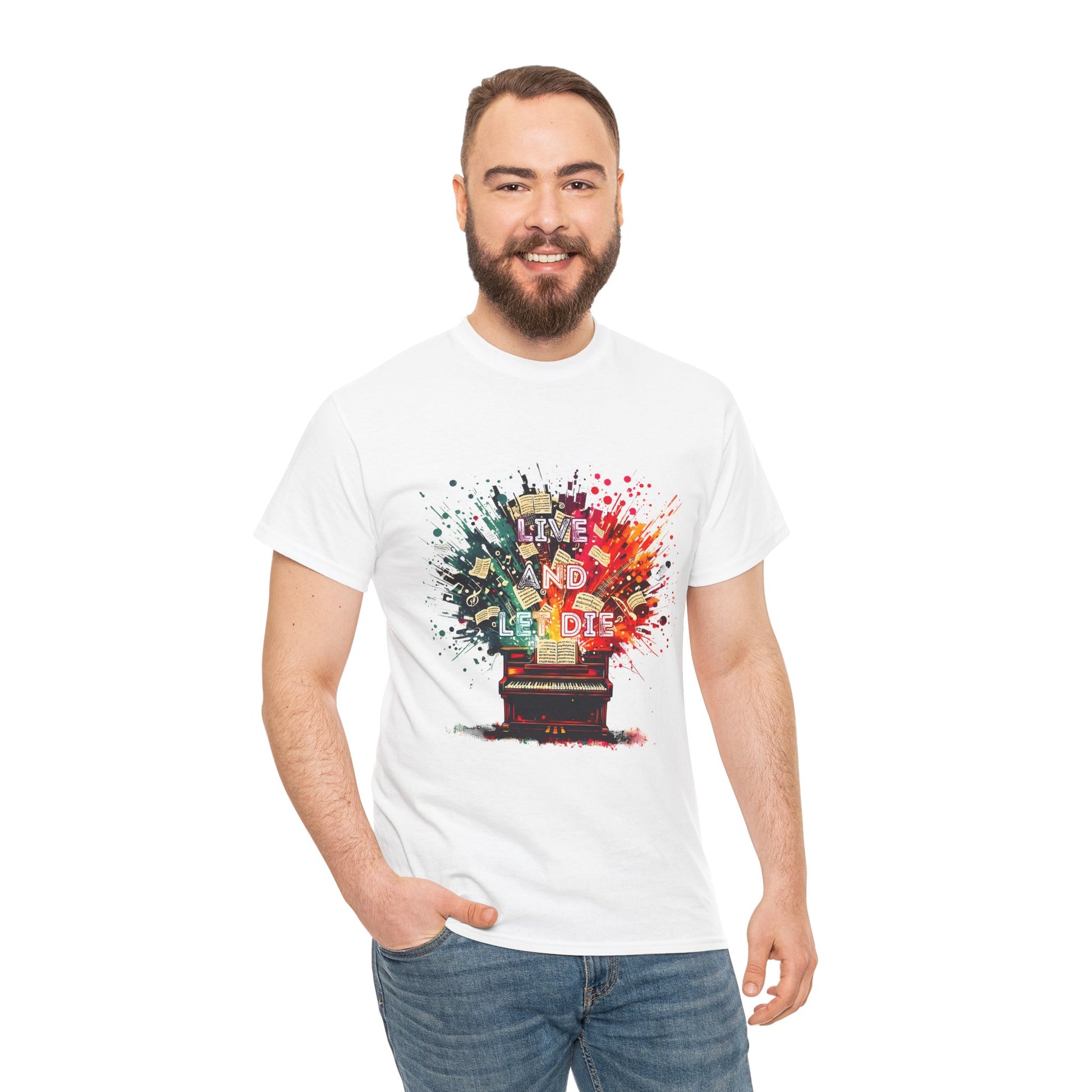 Man wearing a white Live and Let Die t-shirt featuring a Paul McCartney and Wings tribute. Vintage rock design ideal for concerts and everyday style.