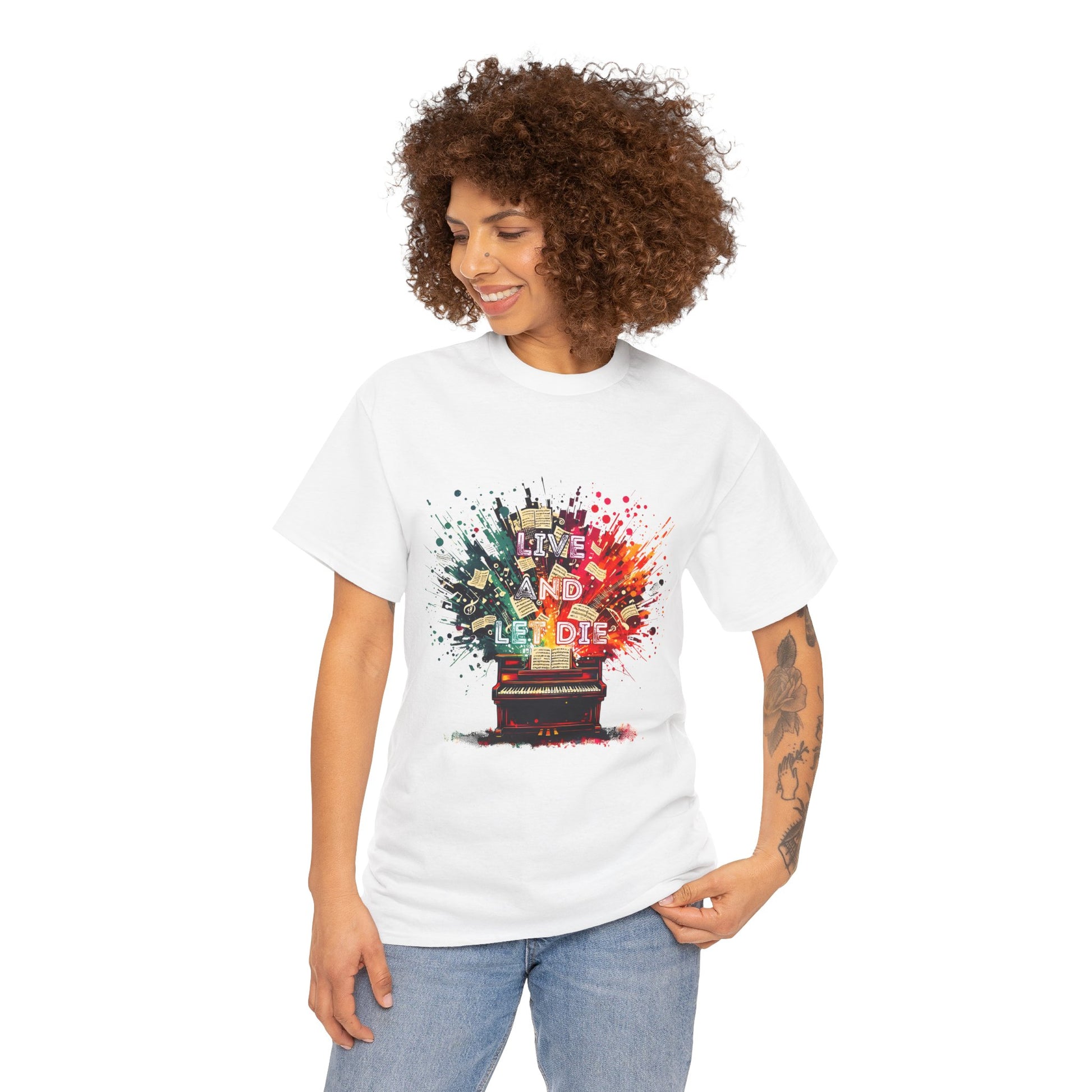 Woman wearing a white Live and Let Die t-shirt tribute to Paul McCartney and Wings. Showcasing vintage rock style for a stylish, casual look.