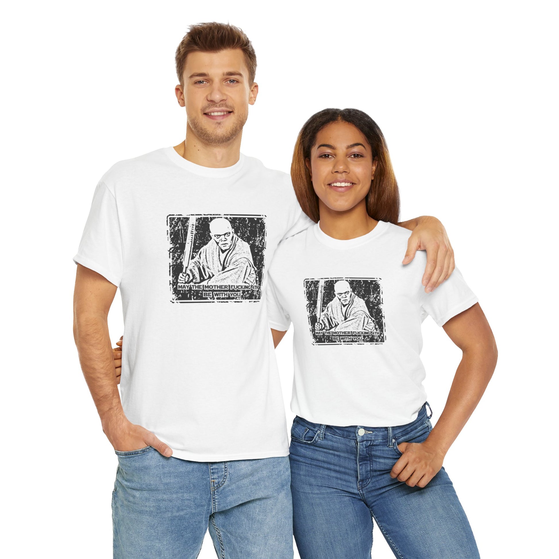 "May the 4th be With You" vintage t-shirt featuring an iconic Mace Windu design. Celebrate Star Wars fandom with an edgy twist on Jedi lore, incorporating rebellious Sith vibes and a retro aesthetic perfect for science fiction fans.