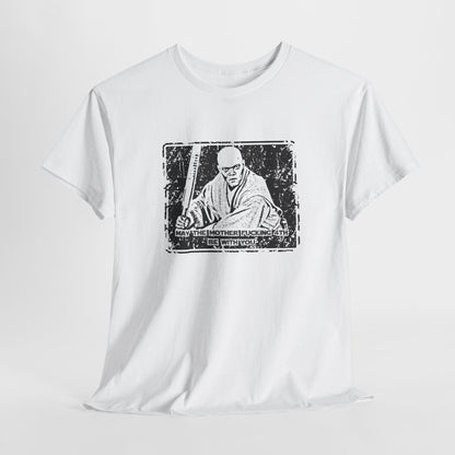 "May the 4th be With You" vintage t-shirt featuring an iconic Mace Windu design. Celebrate Star Wars fandom with an edgy twist on Jedi lore, incorporating rebellious Sith vibes and a retro aesthetic perfect for science fiction fans.