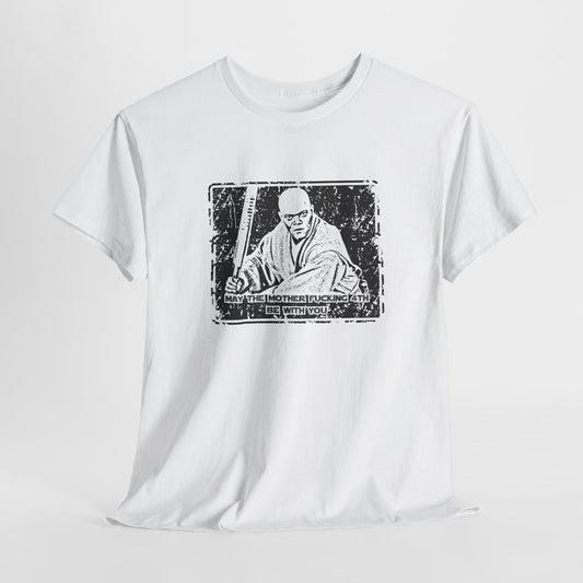 "May the 4th be With You" vintage t-shirt featuring an iconic Mace Windu design. Celebrate Star Wars fandom with an edgy twist on Jedi lore, incorporating rebellious Sith vibes and a retro aesthetic perfect for science fiction fans.