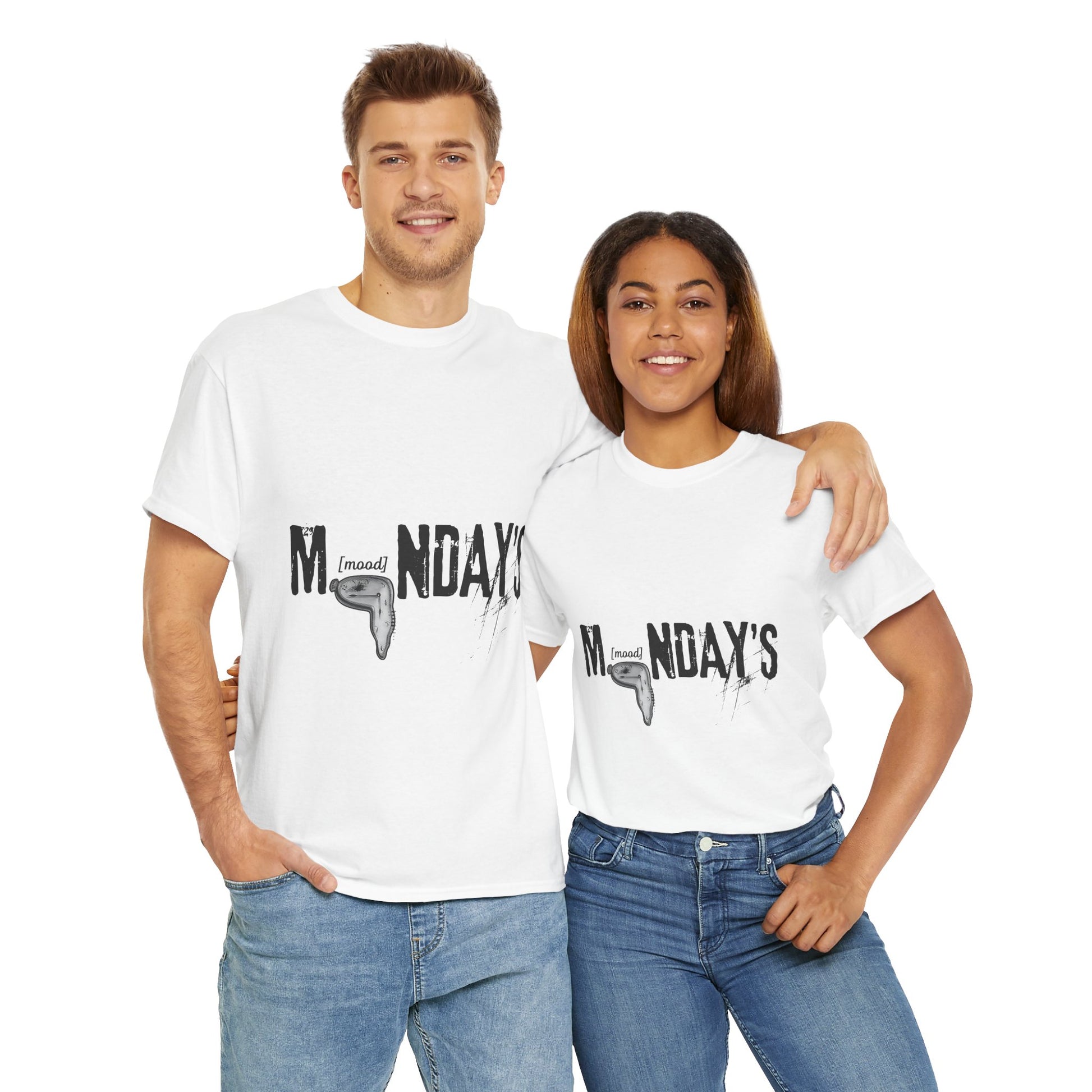 Unisex heavy cotton t-shirt featuring a Dali-inspired melted clock in the "O" of "Mondays [Mood]." This funny retro tee blends surreal art with vintage style, making it a perfect conversation starter for anyone who loves quirky humor and unique aesthetic design.
