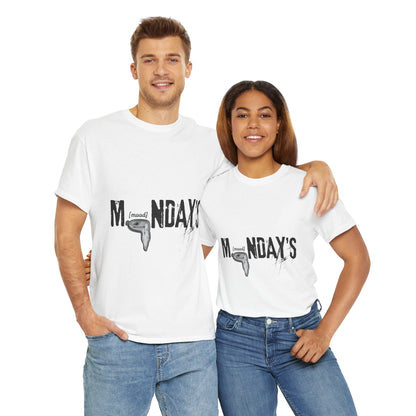 Unisex heavy cotton t-shirt featuring a Dali-inspired melted clock in the "O" of "Mondays [Mood]." This funny retro tee blends surreal art with vintage style, making it a perfect conversation starter for anyone who loves quirky humor and unique aesthetic design.
