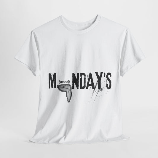 Unisex heavy cotton t-shirt featuring a Dali-inspired melted clock in the "O" of "Mondays [Mood]." This funny retro tee blends surreal art with vintage style, making it a perfect conversation starter for anyone who loves quirky humor and unique aesthetic design.