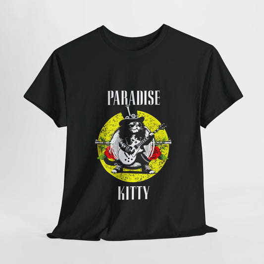 Paradise City T-Shirt featuring a stencil-art rock cat in Slash style with the “Paradise Kitty” slogan—a playful Guns N’ Roses tribute perfect for classic rock fans.