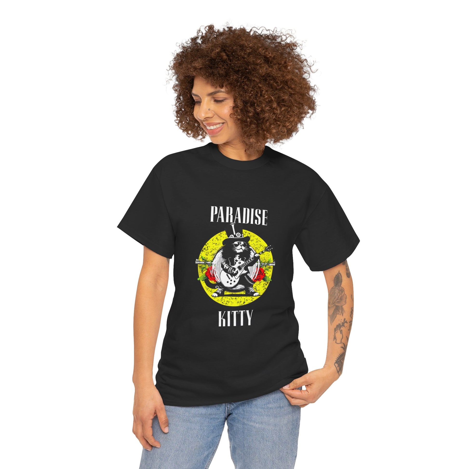 Paradise City T-Shirt featuring a stencil-art rock cat in Slash style with the “Paradise Kitty” slogan—a playful Guns N’ Roses tribute perfect for classic rock fans.