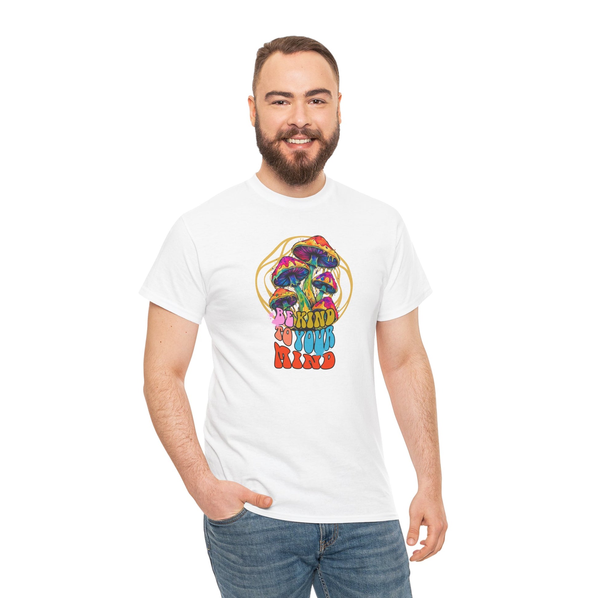 Psychedelic Mushroom T-Shirt featuring a vibrant trippy hippie design with colorful mushrooms and cosmic vibes—ideal for fans of psychedelic art and positive energy.