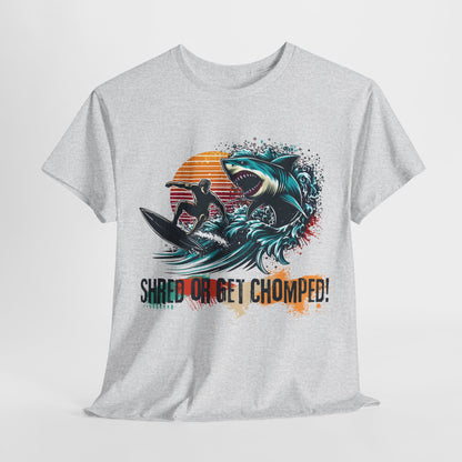 Vintage retro-style Shred or Get Chomped! Surf & Shark T-Shirt, featuring a bold surfer and menacing shark design. Perfect for thrill-seekers, beach lovers, and those who embrace the spirit of summer waves and adventure. Ideal for casual wear, surf shops, and beach outings.