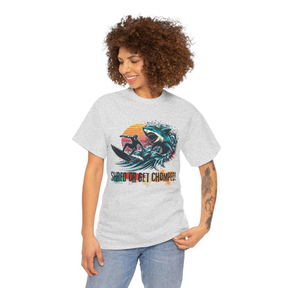 Vintage retro-style Shred or Get Chomped! Surf & Shark T-Shirt, featuring a bold surfer and menacing shark design. Perfect for thrill-seekers, beach lovers, and those who embrace the spirit of summer waves and adventure. Ideal for casual wear, surf shops, and beach outings.