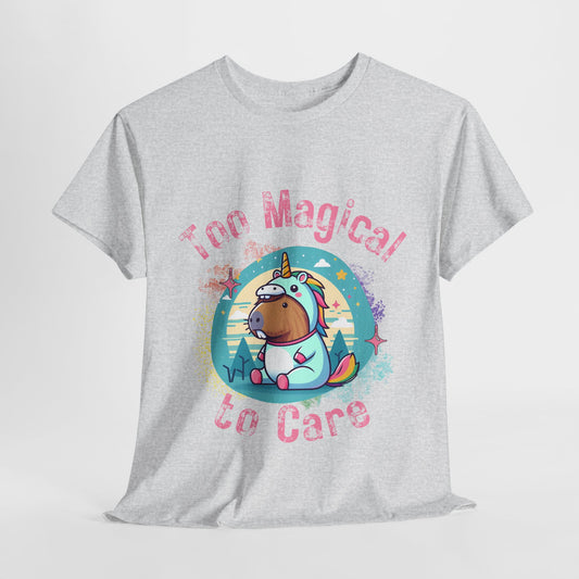 Unicorn Capybara T-Shirt featuring a whimsical capybara in unicorn pajamas with the slogan "Too Magical to Care," combining humor and comfort for animal lovers and casual wear.