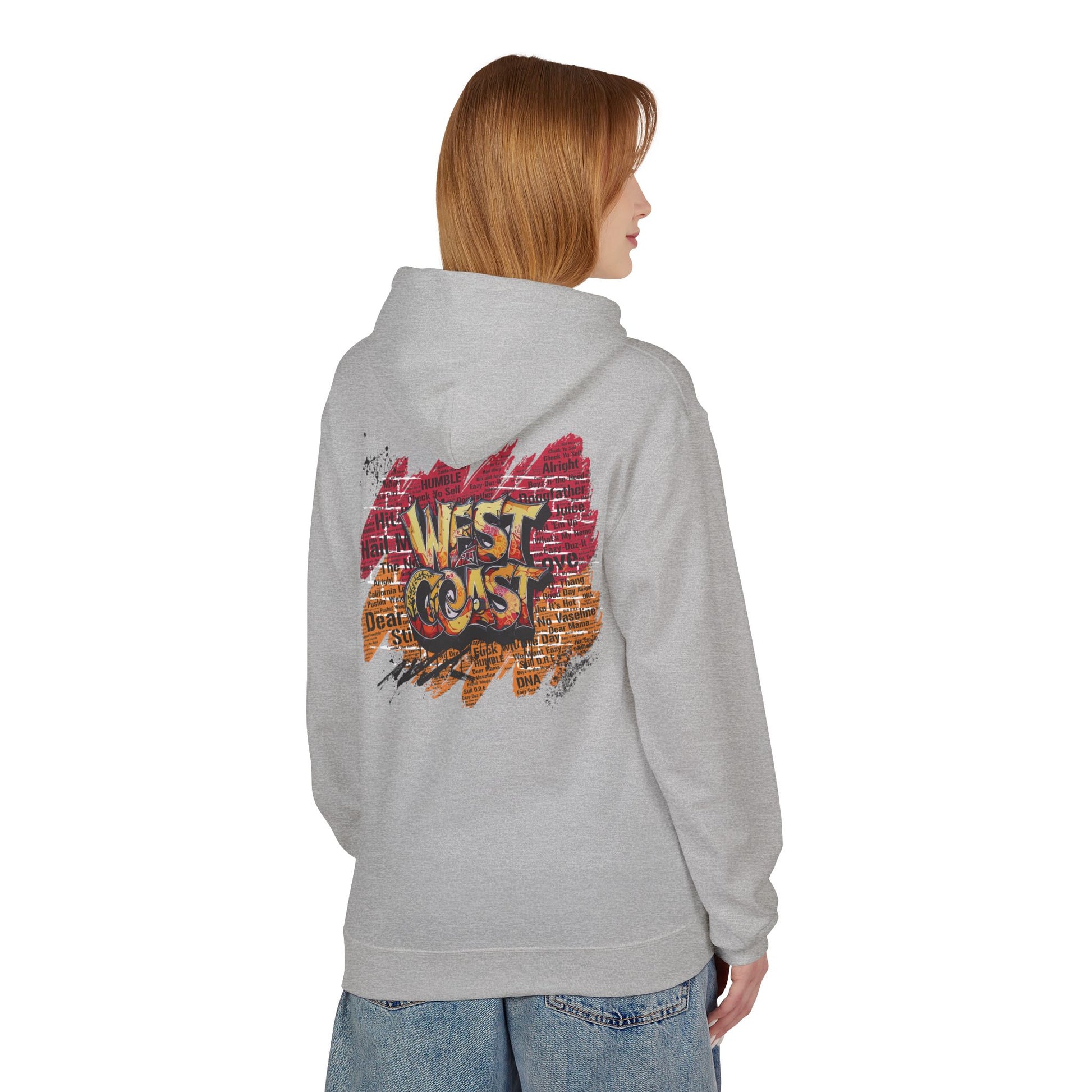 West Coast Rap Hoodie featuring bold graffiti with "west coast" and background rap lyrics. Perfect for hip hop fans, casual outings, and relaxed weekends.