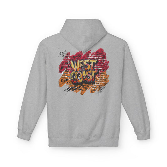 West Coast Rap Hoodie featuring bold graffiti with "west coast" and background rap lyrics. Perfect for hip hop fans, casual outings, and relaxed weekends.
